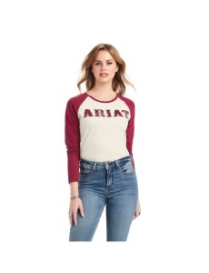 Ariat REAL Baseball Shirt Oatmeal Heather/Beet Red | EGHRNV-298