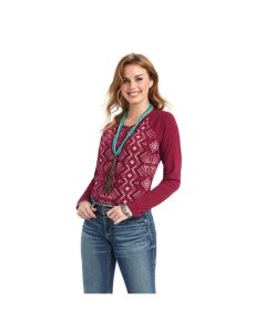 Ariat REAL Printed Henley Shirt Maze Multi/Beet Red | UVKEDQ-327