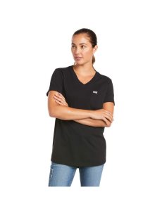 Ariat Rebar Cotton Strong V-Neck Top Black | XKVROA-217