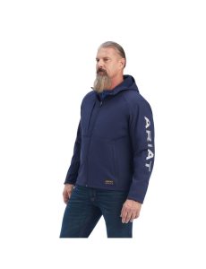 Ariat Rebar Stretch Canvas Softshell Hooded Logo Jacket Navy/Grey | VMYJFZ-156