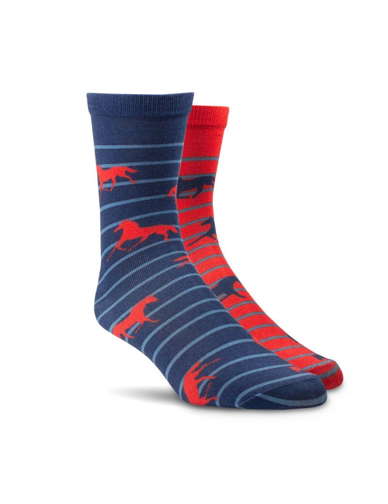 Ariat Horses Over Stripes Crew Sock 2 Pair Multi Color Pack Red/Navy | OVENAS-403