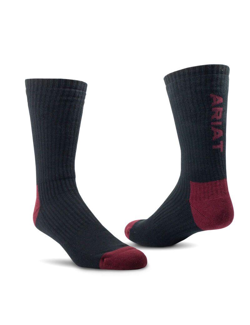 Ariat Premium Ringspun Cotton Crew Work Sock 3 Pair Pack Black/Maroon | FCQZPL-825