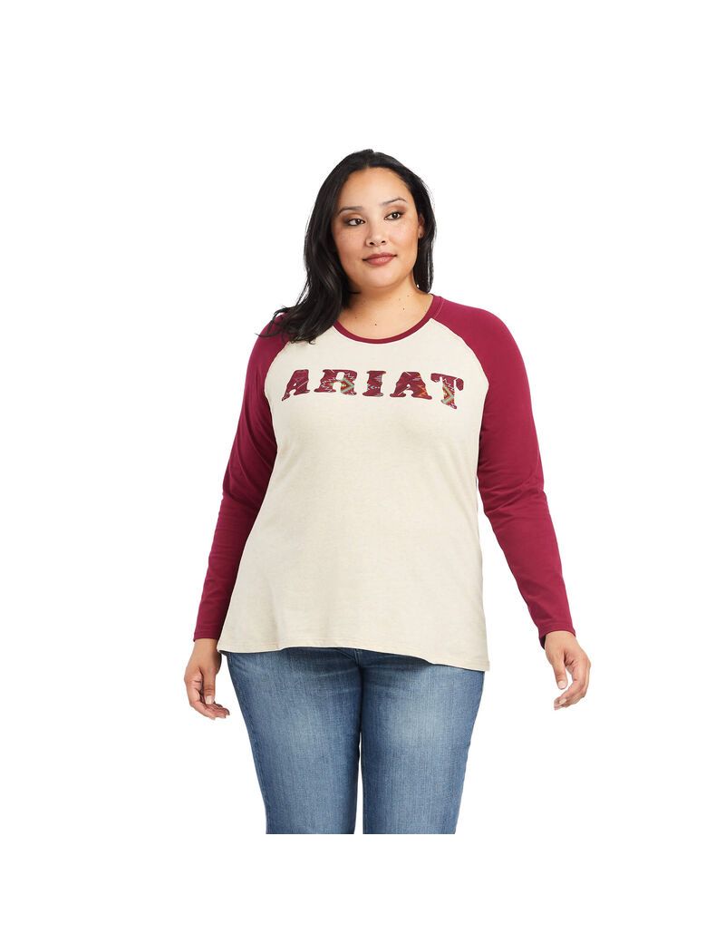 Ariat REAL Baseball Shirt Oatmeal Heather/Beet Red | EGHRNV-298