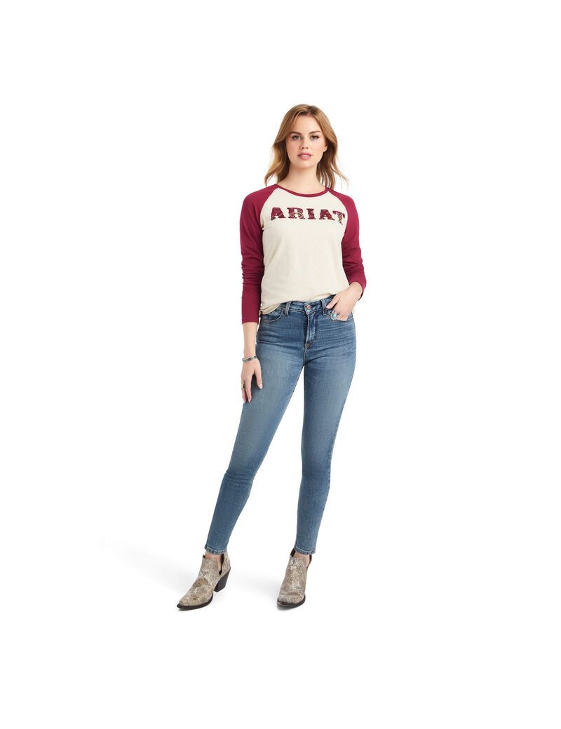 Ariat REAL Baseball Shirt Oatmeal Heather/Beet Red | EGHRNV-298