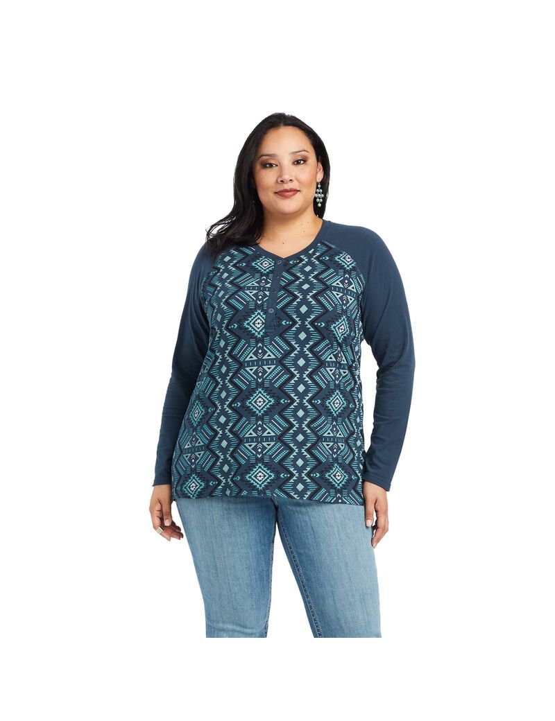 Ariat REAL Printed Henley Shirt Maze Multi/Midnight Navy | IOYUWD-504