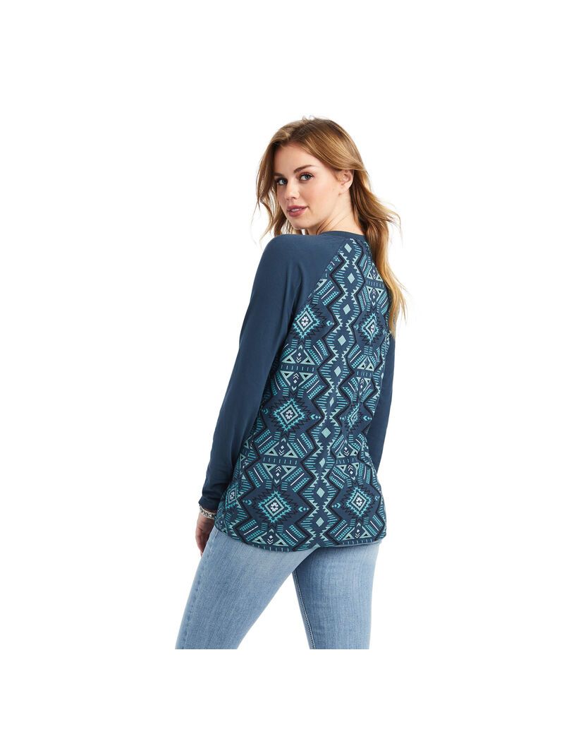 Ariat REAL Printed Henley Shirt Maze Multi/Midnight Navy | IOYUWD-504