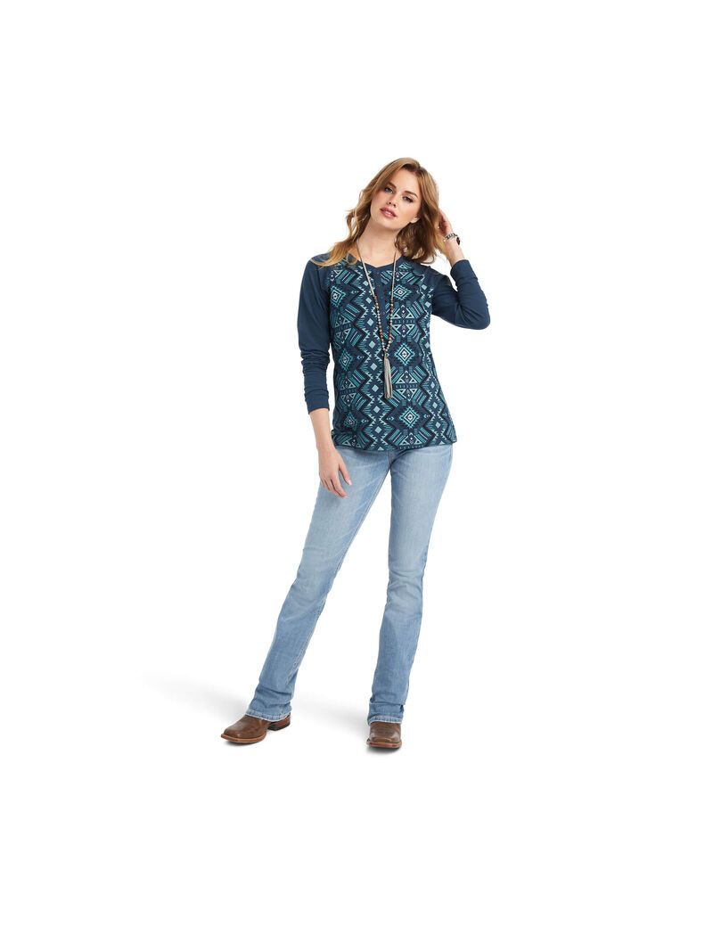 Ariat REAL Printed Henley Shirt Maze Multi/Midnight Navy | IOYUWD-504