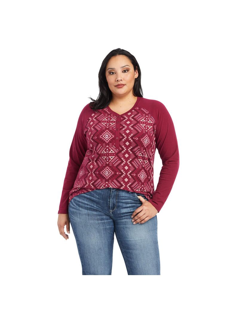 Ariat REAL Printed Henley Shirt Maze Multi/Beet Red | UVKEDQ-327