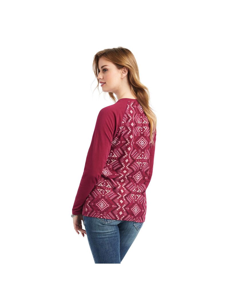 Ariat REAL Printed Henley Shirt Maze Multi/Beet Red | UVKEDQ-327