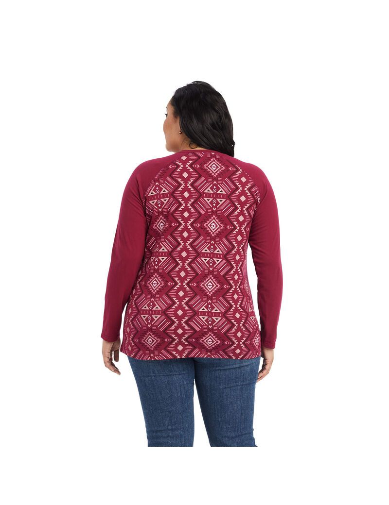 Ariat REAL Printed Henley Shirt Maze Multi/Beet Red | UVKEDQ-327