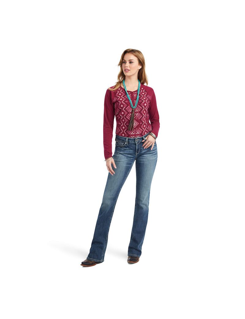 Ariat REAL Printed Henley Shirt Maze Multi/Beet Red | UVKEDQ-327