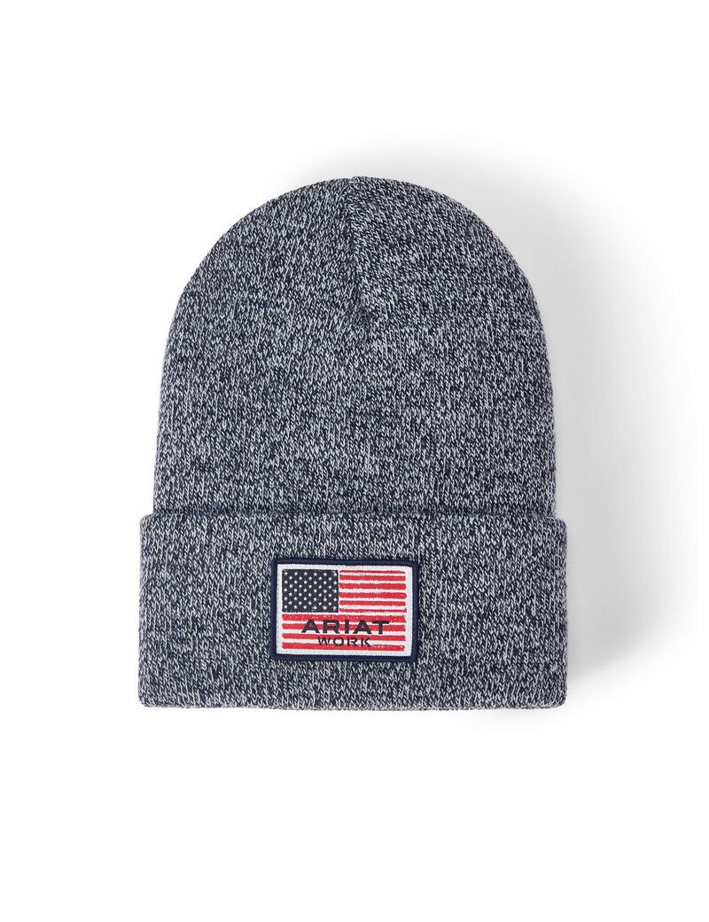 Ariat Rebar American Flag Patch Beanie Navy Marl | WENJCM-803