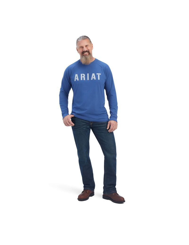 Ariat Rebar CottonStrong Block T-Shirt Metal Blue | QXZHGL-013