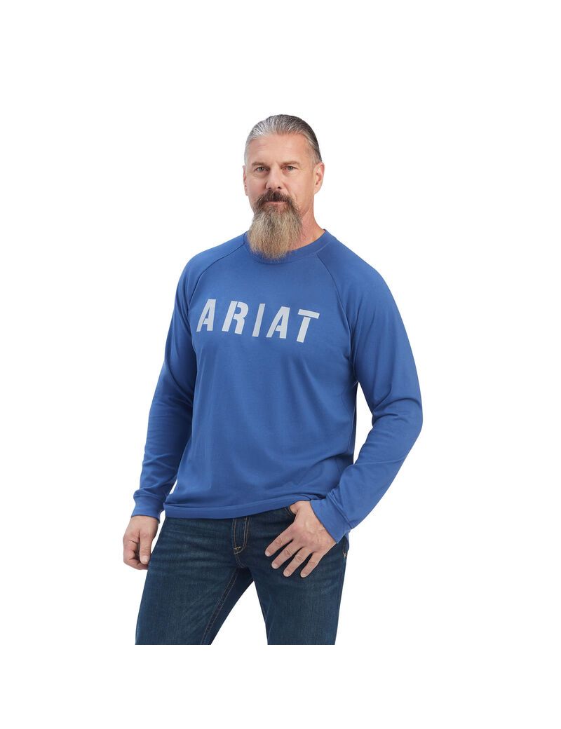 Ariat Rebar CottonStrong Block T-Shirt Metal Blue | QXZHGL-013