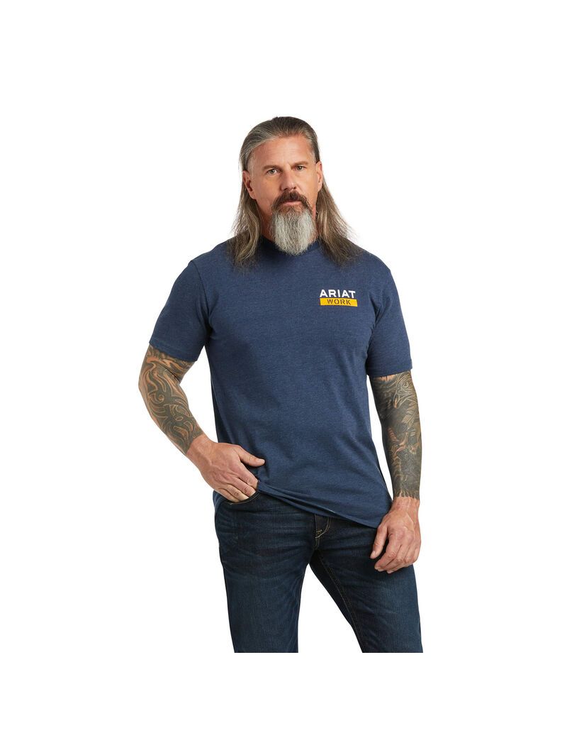 Ariat Rebar Cotton Strong Roughneck Graphic T-Shirt Navy Heather/Lime | ARIUDE-204