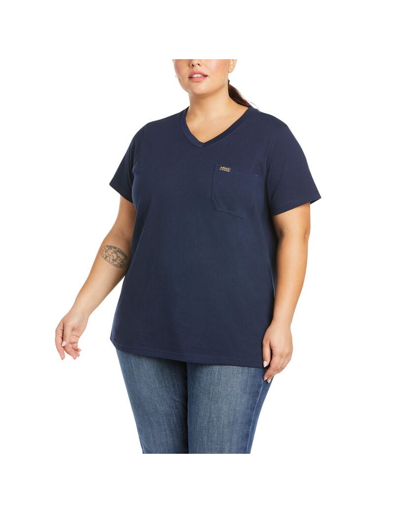 Ariat Rebar Cotton Strong V-Neck Top Navy | QBRUFH-836