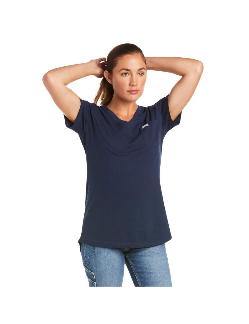 Ariat Rebar Cotton Strong V-Neck Top Navy | QBRUFH-836