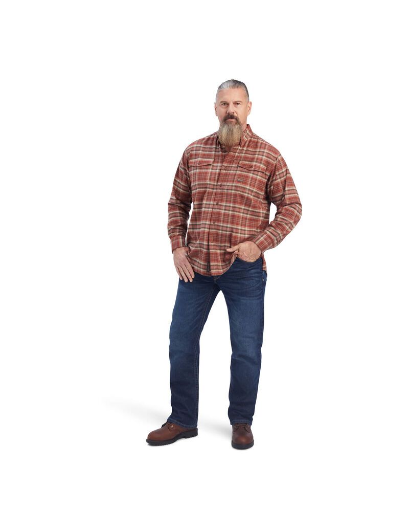 Ariat Rebar Flannel DuraStretch Work Shirt Red Mahogany | AMRFXY-579