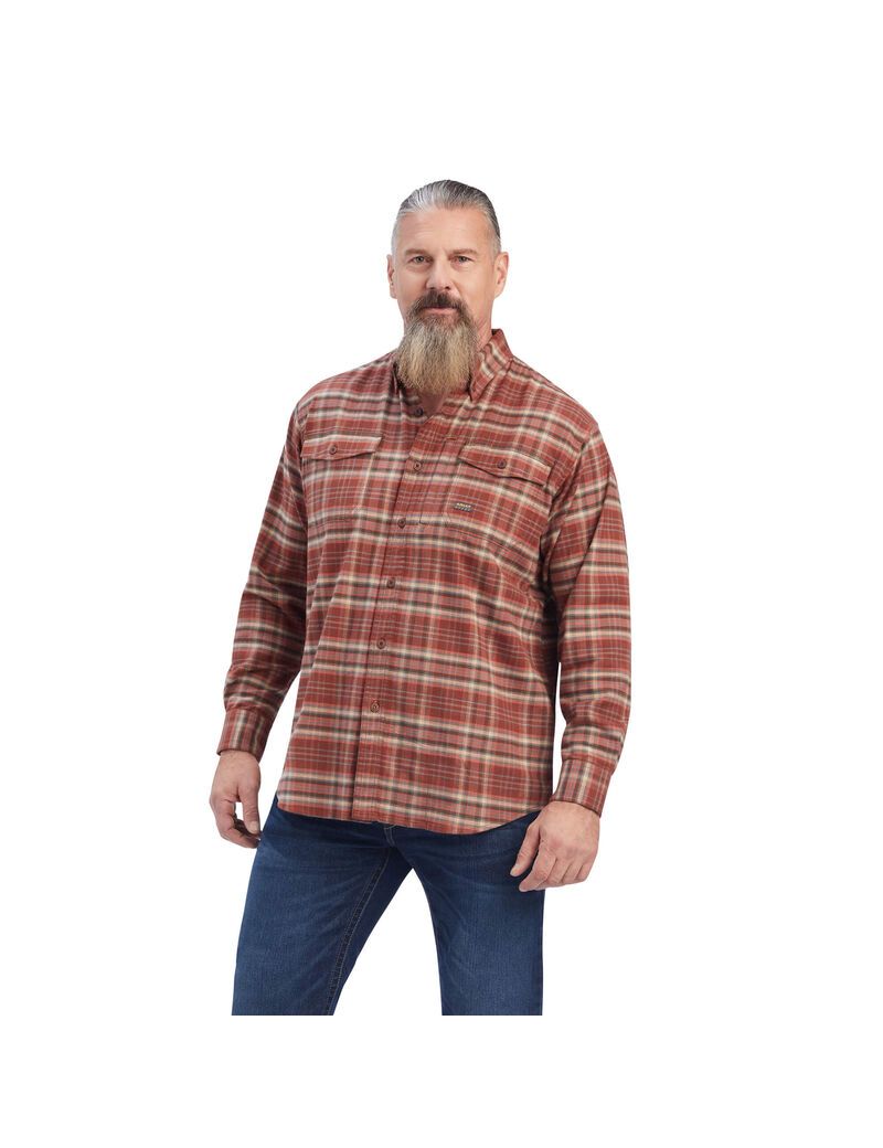 Ariat Rebar Flannel DuraStretch Work Shirt Red Mahogany | AMRFXY-579