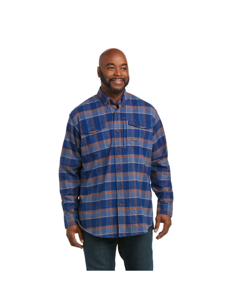 Ariat Rebar Flannel DuraStretch Work Shirt Blue Depths Plaid | BWUIMO-539