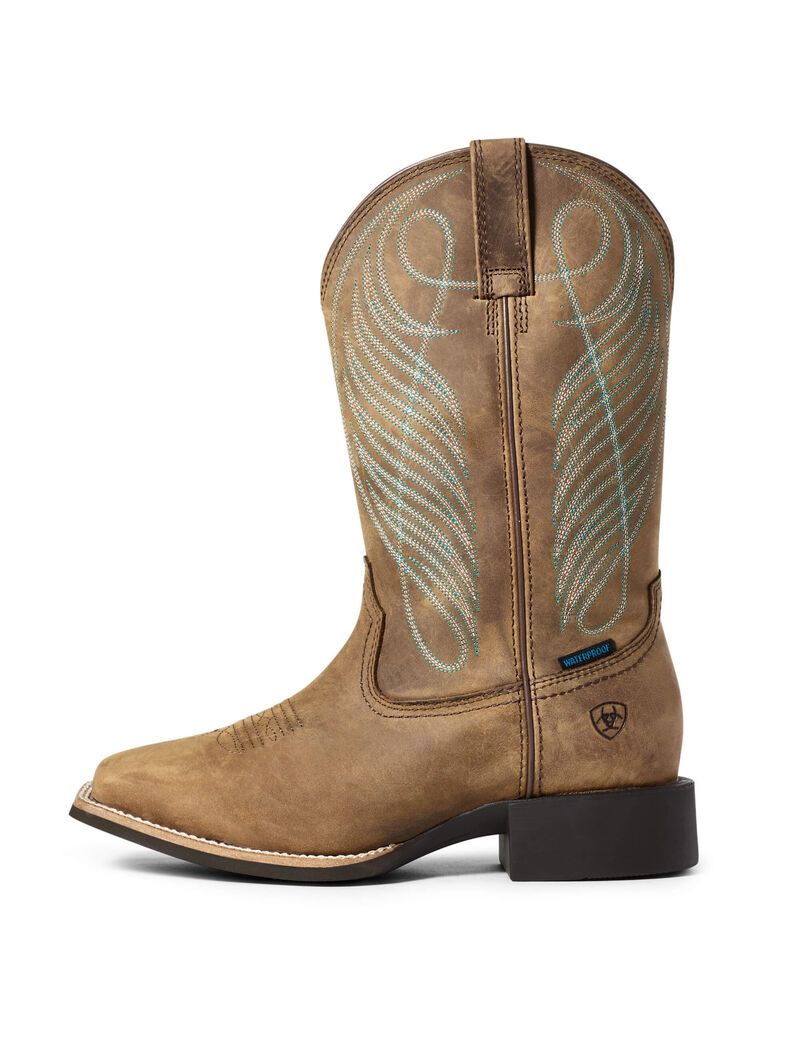 Ariat Round Up Wide Square Toe Waterproof Western Boot Distressed Brown | VBQTYC-790