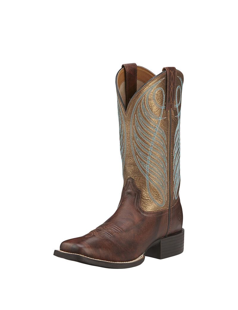 Ariat Round Up Wide Square Toe Western Boot Yukon Brown | KWJGHD-916