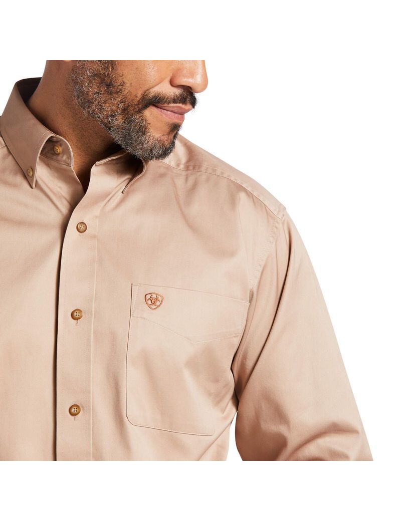 Ariat Solid Twill Classic Fit Shirt Khaki | NDWZIP-495