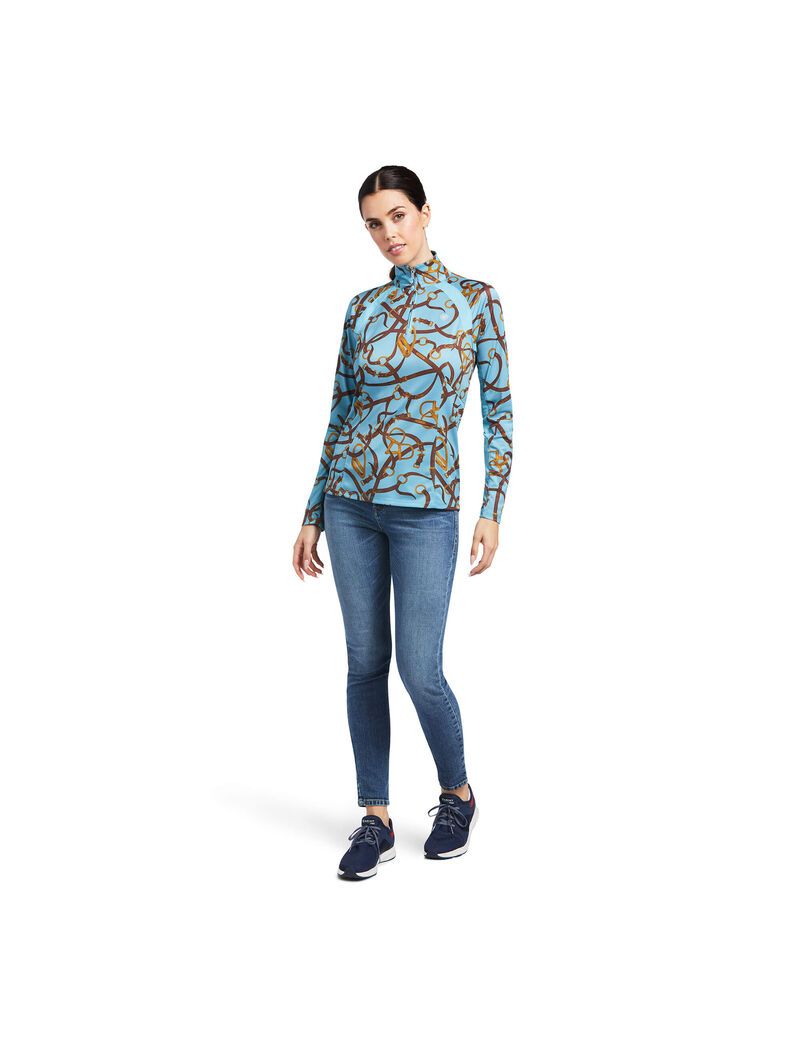 Ariat Sunstopper 2.0 1/4 Zip Baselayer Milky Blue Bridle Print | BEGIMT-731