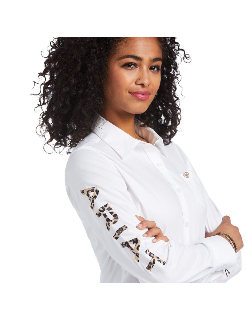 Ariat Team Kirby Stretch Shirt White W/ Leopard Logo | TQKSVG-183