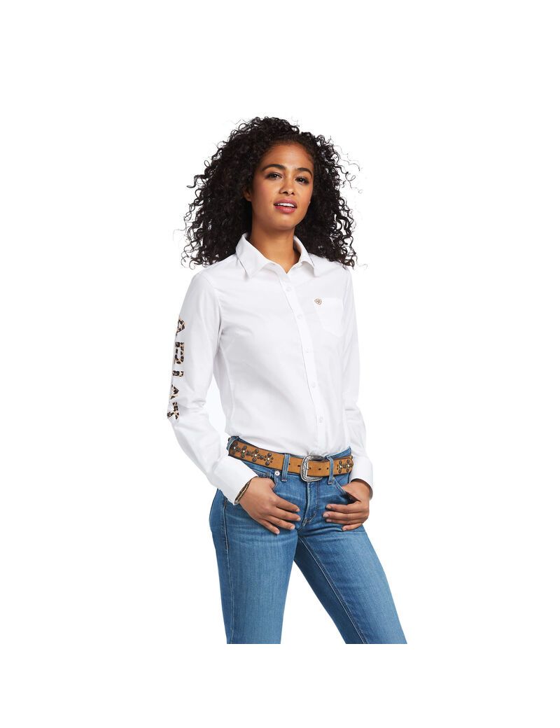 Ariat Team Kirby Stretch Shirt White W/ Leopard Logo | TQKSVG-183