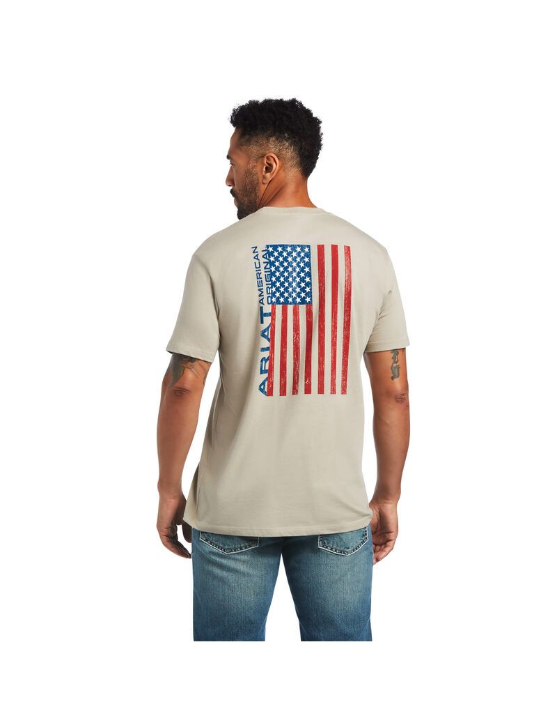 Ariat Woodgrain Flag T-Shirt Khaki Heather | SJNMLV-890