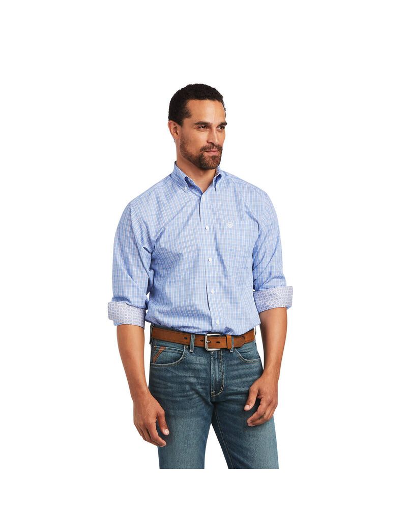 Ariat Wrinkle Free Noah Fitted Shirt Strong Blue | UQFNWV-601