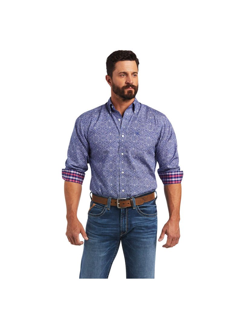 Ariat Wrinkle Free Slater Fitted Shirt Venus Blue | MBKSVR-136